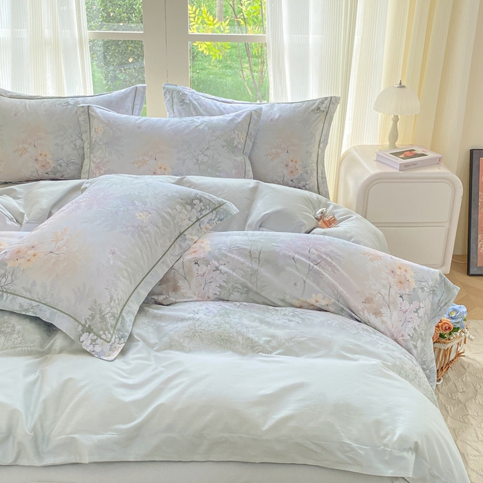 91家纺网 家纺一手货源 找家纺 凌鼎 2026新款高支高密100%全棉数码印花四件套 风谷幽兰绿