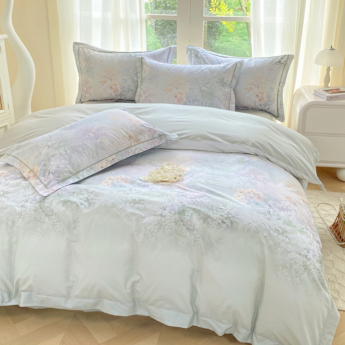 91家纺网 家纺一手货源 找家纺 凌鼎 2026新款高支高密100%全棉数码印花四件套 风谷幽兰绿