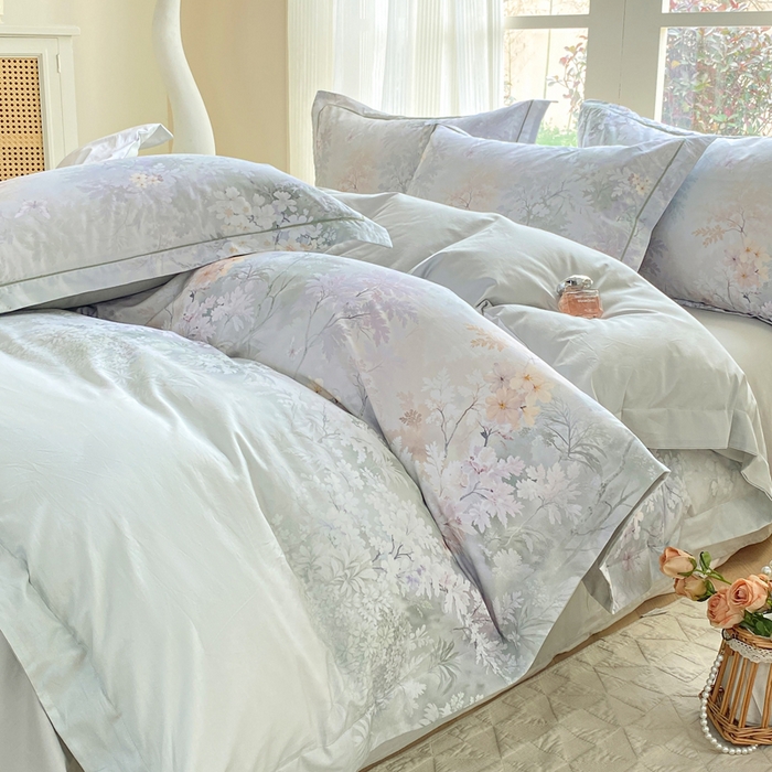 91家纺网 家纺一手货源 找家纺 凌鼎 2026新款高支高密100%全棉数码印花四件套 风谷幽兰绿