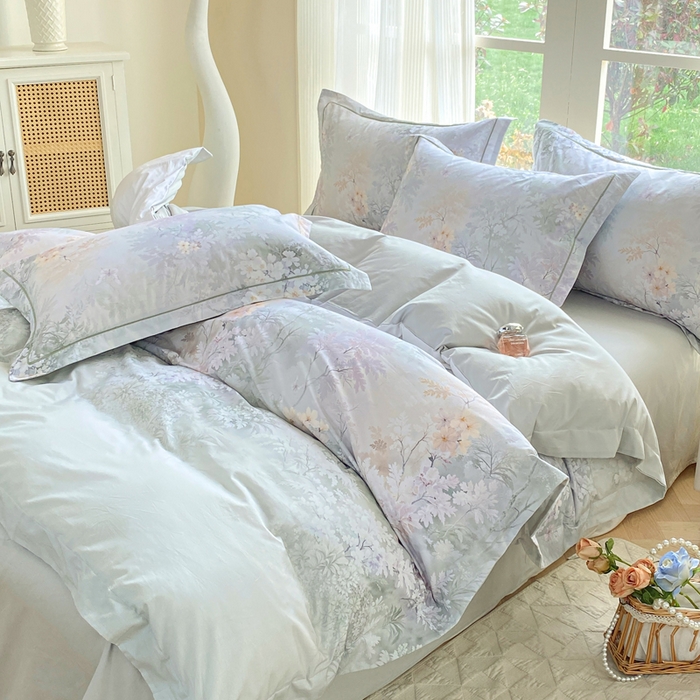 91家纺网 家纺一手货源 找家纺 凌鼎 2026新款高支高密100%全棉数码印花四件套 风谷幽兰绿