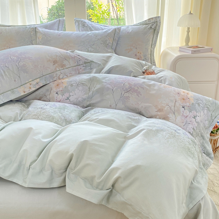 91家纺网 家纺一手货源 找家纺 凌鼎 2026新款高支高密100%全棉数码印花四件套 风谷幽兰绿