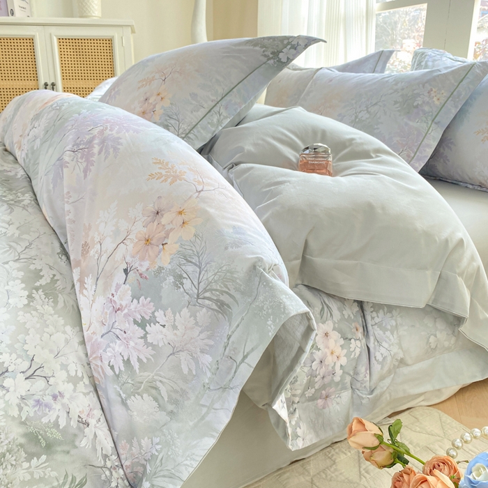 91家纺网 家纺一手货源 找家纺 凌鼎 2026新款高支高密100%全棉数码印花四件套 风谷幽兰绿