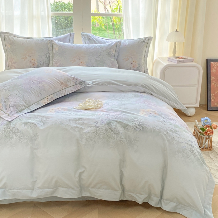 91家纺网 家纺一手货源 找家纺 凌鼎 2026新款高支高密100%全棉数码印花四件套 风谷幽兰绿