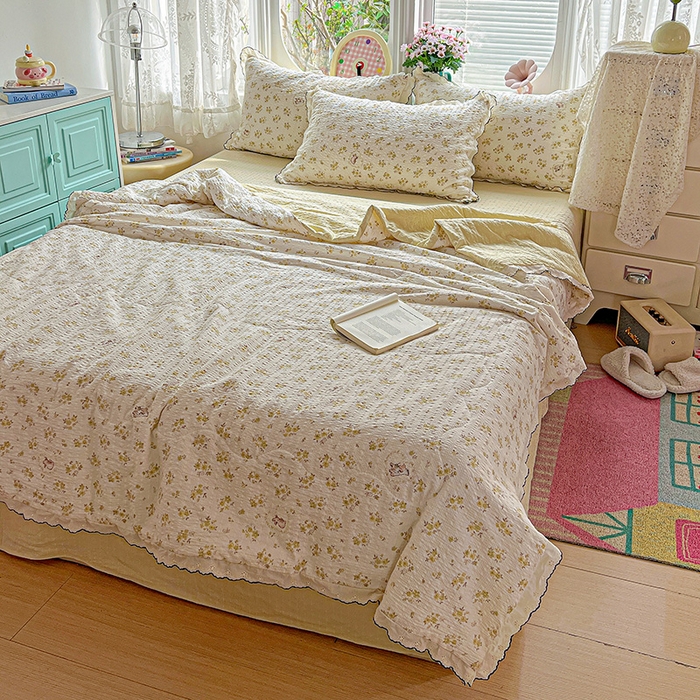 91家纺网 家纺一手货源 找家纺 仟网汇 2026新款法式花边泡芙纱夏被四件套 春日小兔