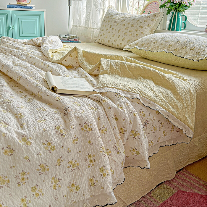 91家纺网 家纺一手货源 找家纺 仟网汇 2026新款法式花边泡芙纱夏被四件套 春日小兔