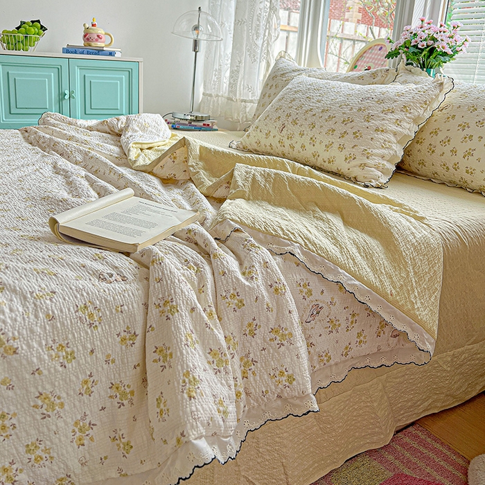 91家纺网 家纺一手货源 找家纺 仟网汇 2026新款法式花边泡芙纱夏被四件套 春日小兔