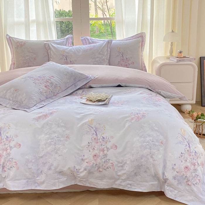 91家纺网 家纺一手货源 找家纺 凌鼎 2026新款高支高密100%全棉数码印花四件套 梦游园紫