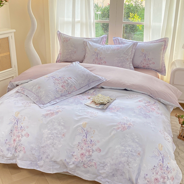 91家纺网 家纺一手货源 找家纺 凌鼎 2026新款高支高密100%全棉数码印花四件套 梦游园紫