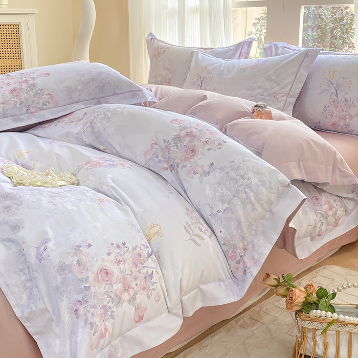 91家纺网 家纺一手货源 找家纺 凌鼎 2026新款高支高密100%全棉数码印花四件套 梦游园紫