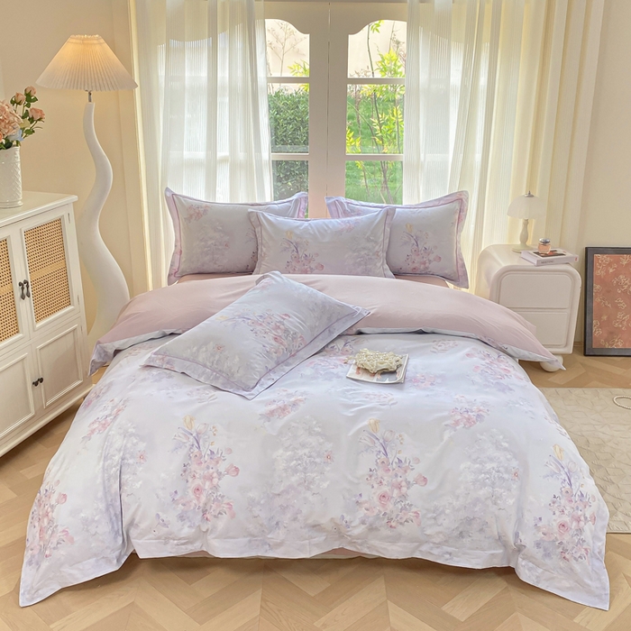 91家纺网 家纺一手货源 找家纺 凌鼎 2026新款高支高密100%全棉数码印花四件套 梦游园紫