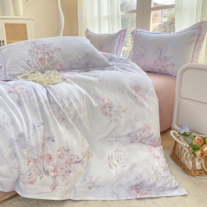 91家纺网 家纺一手货源 找家纺 凌鼎 2026新款高支高密100%全棉数码印花四件套 梦游园紫