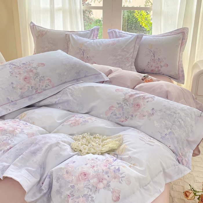 91家纺网 家纺一手货源 找家纺 凌鼎 2026新款高支高密100%全棉数码印花四件套 梦游园紫