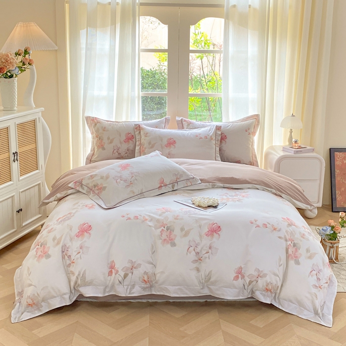 凌鼎 2026新款高支高密100%全棉数码印花四件套 浅绘花影粉