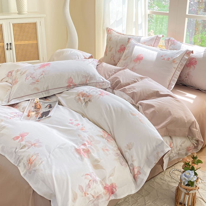 91家纺网 家纺一手货源 找家纺 凌鼎 2026新款高支高密100%全棉数码印花四件套 浅绘花影粉