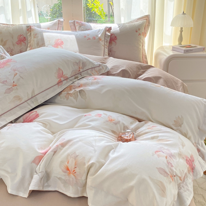 91家纺网 家纺一手货源 找家纺 凌鼎 2026新款高支高密100%全棉数码印花四件套 浅绘花影粉