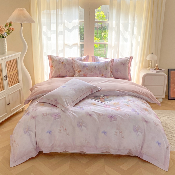 91家纺网 家纺一手货源 找家纺 凌鼎 2026新款高支高密100%全棉数码印花四件套 溯梦粉