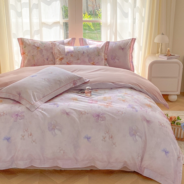 91家纺网 家纺一手货源 找家纺 凌鼎 2026新款高支高密100%全棉数码印花四件套 溯梦粉