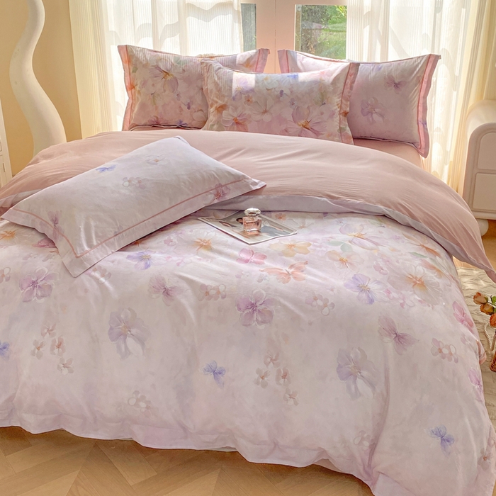 91家纺网 家纺一手货源 找家纺 凌鼎 2026新款高支高密100%全棉数码印花四件套 溯梦粉