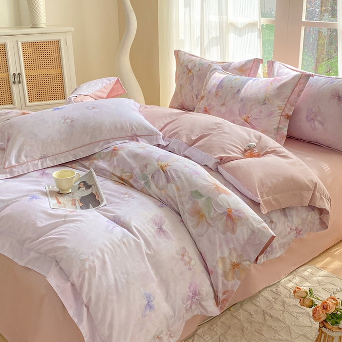 91家纺网 家纺一手货源 找家纺 凌鼎 2026新款高支高密100%全棉数码印花四件套 溯梦粉