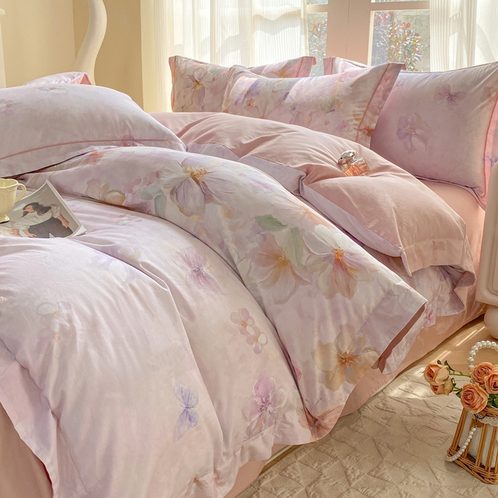 91家纺网 家纺一手货源 找家纺 凌鼎 2026新款高支高密100%全棉数码印花四件套 溯梦粉