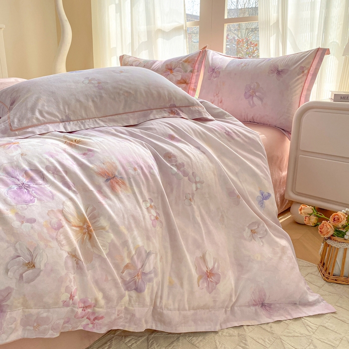 91家纺网 家纺一手货源 找家纺 凌鼎 2026新款高支高密100%全棉数码印花四件套 溯梦粉