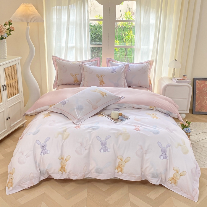 91家纺网 家纺一手货源 找家纺 凌鼎 2026新款高支高密100%全棉数码印花四件套 兔仔甜梦米