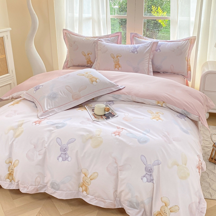 91家纺网 家纺一手货源 找家纺 凌鼎 2026新款高支高密100%全棉数码印花四件套 兔仔甜梦米