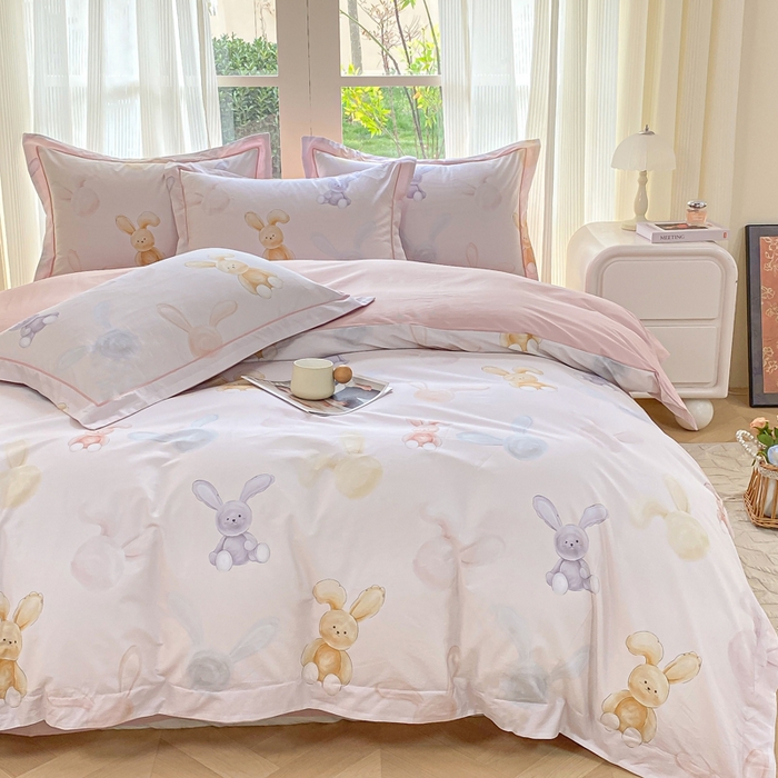 91家纺网 家纺一手货源 找家纺 凌鼎 2026新款高支高密100%全棉数码印花四件套 兔仔甜梦米