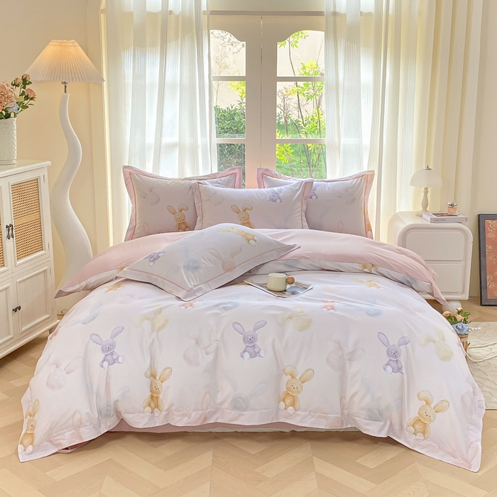 凌鼎 2026新款高支高密100%全棉数码印花四件套 兔仔甜梦米