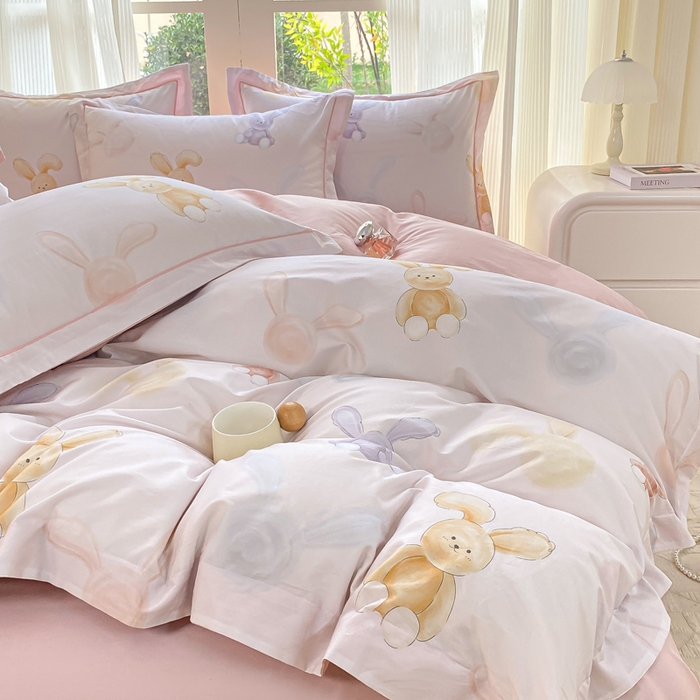 91家纺网 家纺一手货源 找家纺 凌鼎 2026新款高支高密100%全棉数码印花四件套 兔仔甜梦米