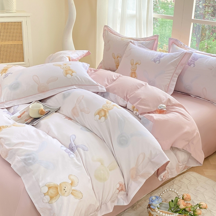 91家纺网 家纺一手货源 找家纺 凌鼎 2026新款高支高密100%全棉数码印花四件套 兔仔甜梦米