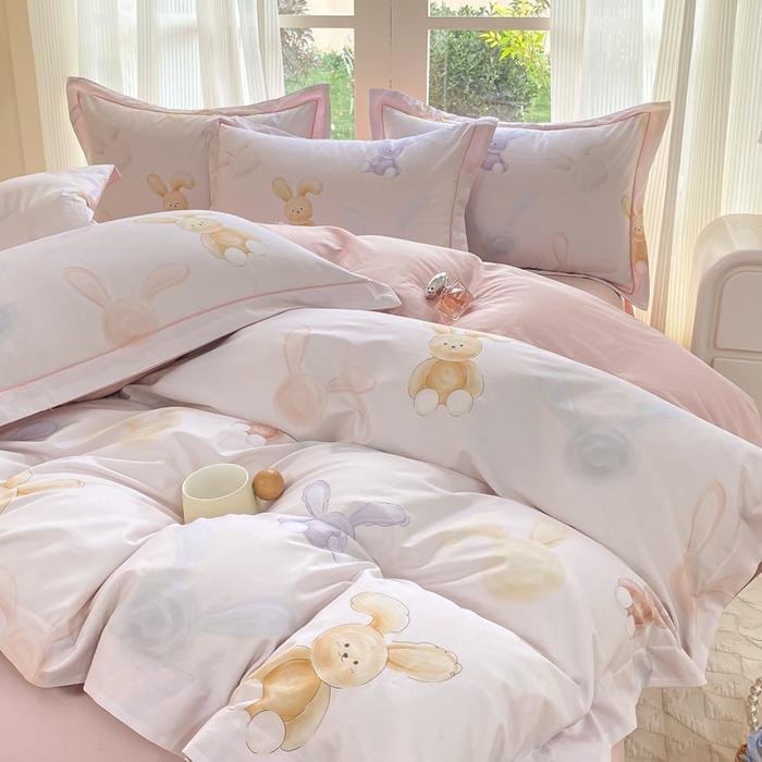 91家纺网 家纺一手货源 找家纺 凌鼎 2026新款高支高密100%全棉数码印花四件套 兔仔甜梦米