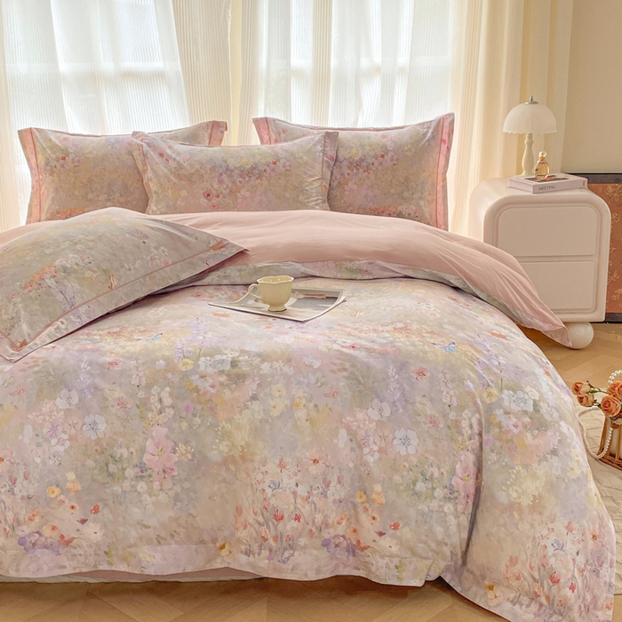 91家纺网 家纺一手货源 找家纺 凌鼎 2026新款高支高密100%全棉数码印花四件套 月光水影粉