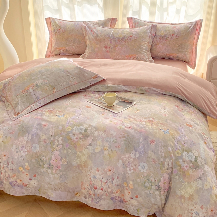 91家纺网 家纺一手货源 找家纺 凌鼎 2026新款高支高密100%全棉数码印花四件套 月光水影粉