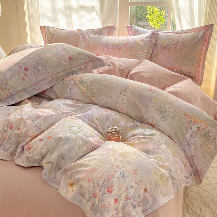 91家纺网 家纺一手货源 找家纺 凌鼎 2026新款高支高密100%全棉数码印花四件套 月光水影粉