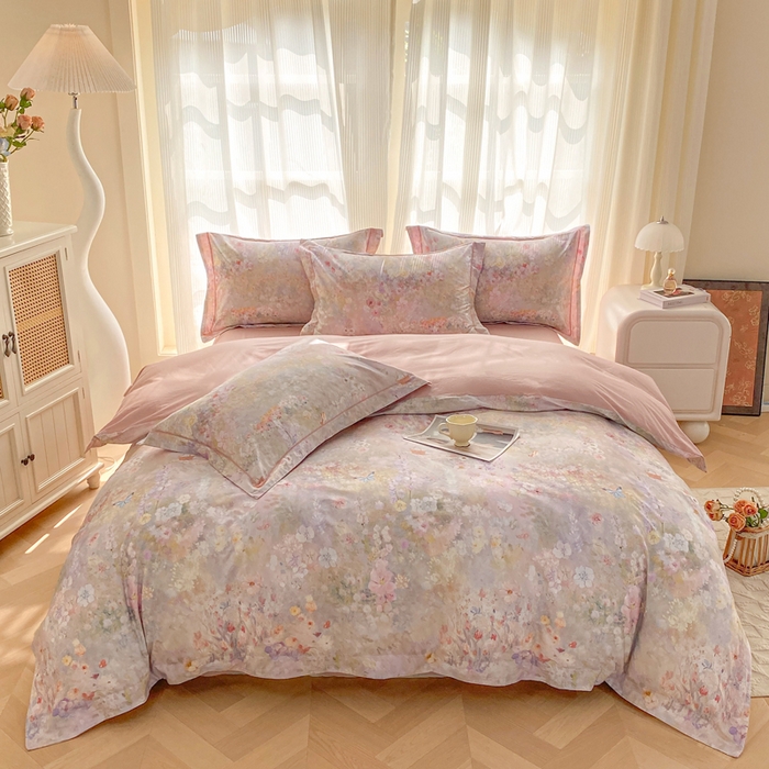 91家纺网 家纺一手货源 找家纺 凌鼎 2026新款高支高密100%全棉数码印花四件套 月光水影粉