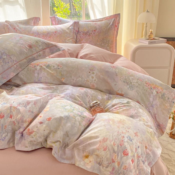 91家纺网 家纺一手货源 找家纺 凌鼎 2026新款高支高密100%全棉数码印花四件套 月光水影粉