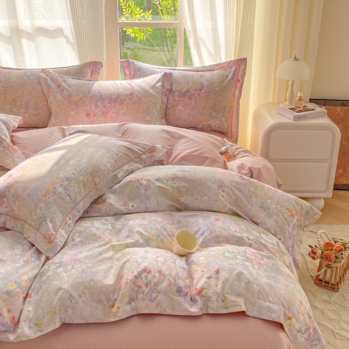 91家纺网 家纺一手货源 找家纺 凌鼎 2026新款高支高密100%全棉数码印花四件套 月光水影粉