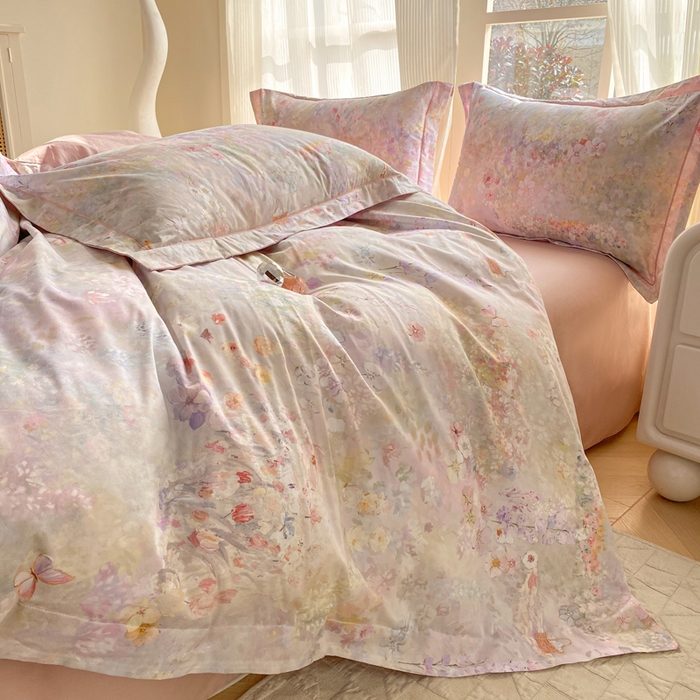 91家纺网 家纺一手货源 找家纺 凌鼎 2026新款高支高密100%全棉数码印花四件套 月光水影粉