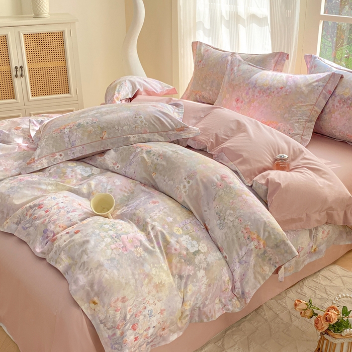 91家纺网 家纺一手货源 找家纺 凌鼎 2026新款高支高密100%全棉数码印花四件套 月光水影粉