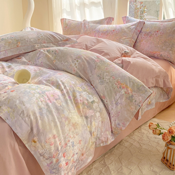 91家纺网 家纺一手货源 找家纺 凌鼎 2026新款高支高密100%全棉数码印花四件套 月光水影粉