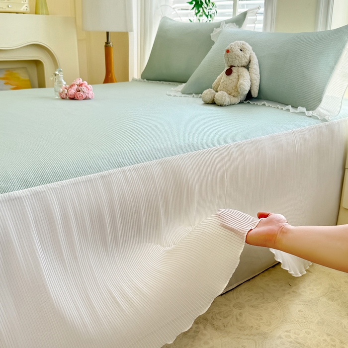 91家纺网 家纺一手货源 找家纺 逸尚阁 2026新款纯色雪纺冰藤床裙凉席三件套 冰藤床裙-绿