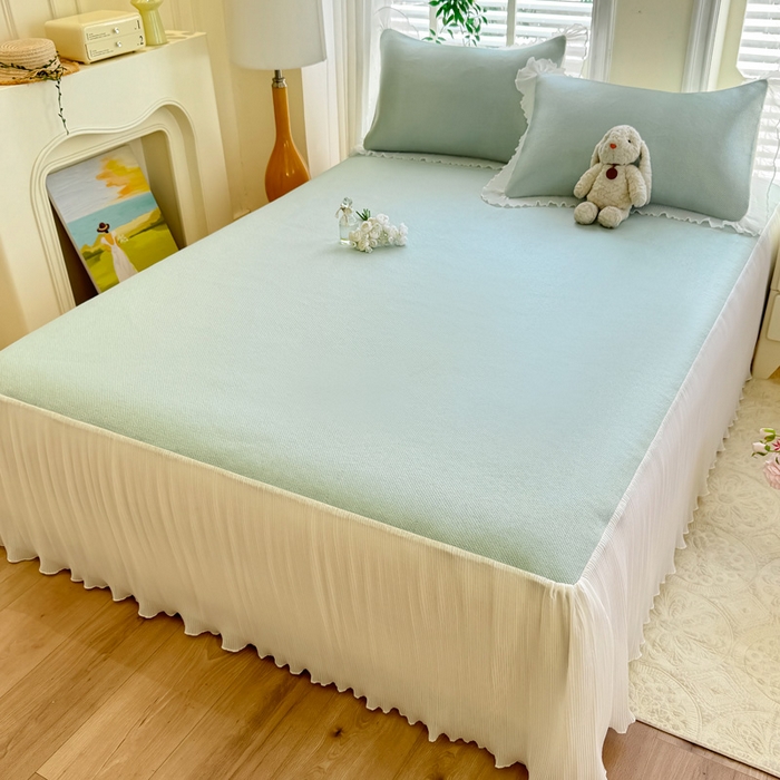 91家纺网 家纺一手货源 找家纺 逸尚阁 2026新款纯色雪纺冰藤床裙凉席三件套 冰藤床裙-绿