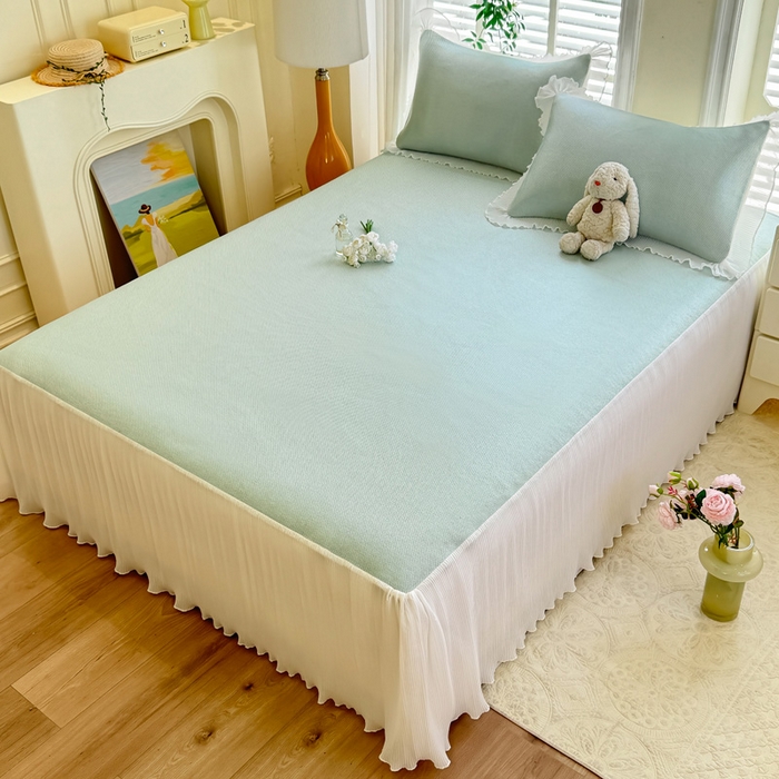 91家纺网 家纺一手货源 找家纺 逸尚阁 2026新款纯色雪纺冰藤床裙凉席三件套 冰藤床裙-绿