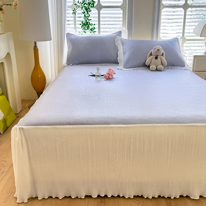 91家纺网 家纺一手货源 找家纺 逸尚阁 2026新款纯色雪纺冰藤床裙凉席三件套 冰藤床裙-蓝