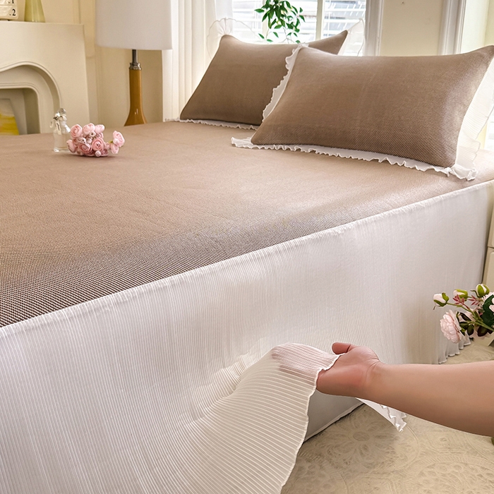 91家纺网 家纺一手货源 找家纺 逸尚阁 2026新款纯色雪纺冰藤床裙凉席三件套 冰藤床裙-咖