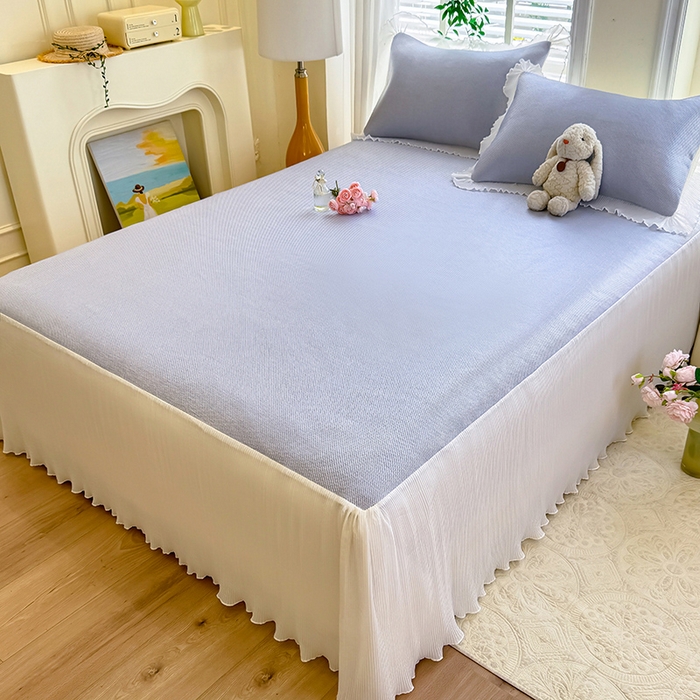 91家纺网 家纺一手货源 找家纺 逸尚阁 2026新款纯色雪纺冰藤床裙凉席三件套 冰藤床裙-蓝