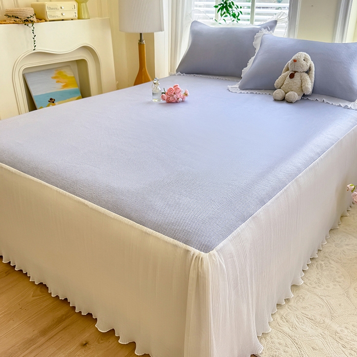 91家纺网 家纺一手货源 找家纺 逸尚阁 2026新款纯色雪纺冰藤床裙凉席三件套 冰藤床裙-蓝