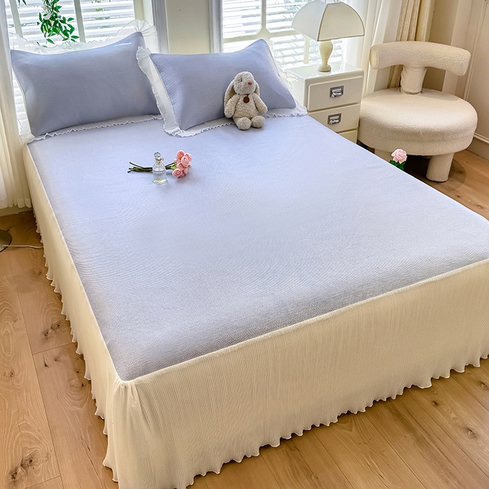 91家纺网 家纺一手货源 找家纺 逸尚阁 2026新款纯色雪纺冰藤床裙凉席三件套 冰藤床裙-蓝