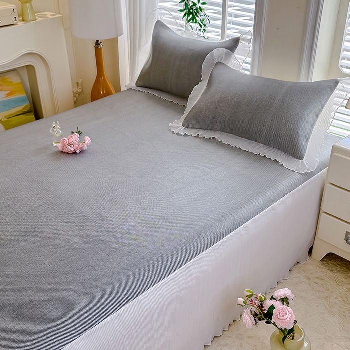 91家纺网 家纺一手货源 找家纺 逸尚阁 2026新款纯色雪纺冰藤床裙凉席三件套 冰藤床裙-灰